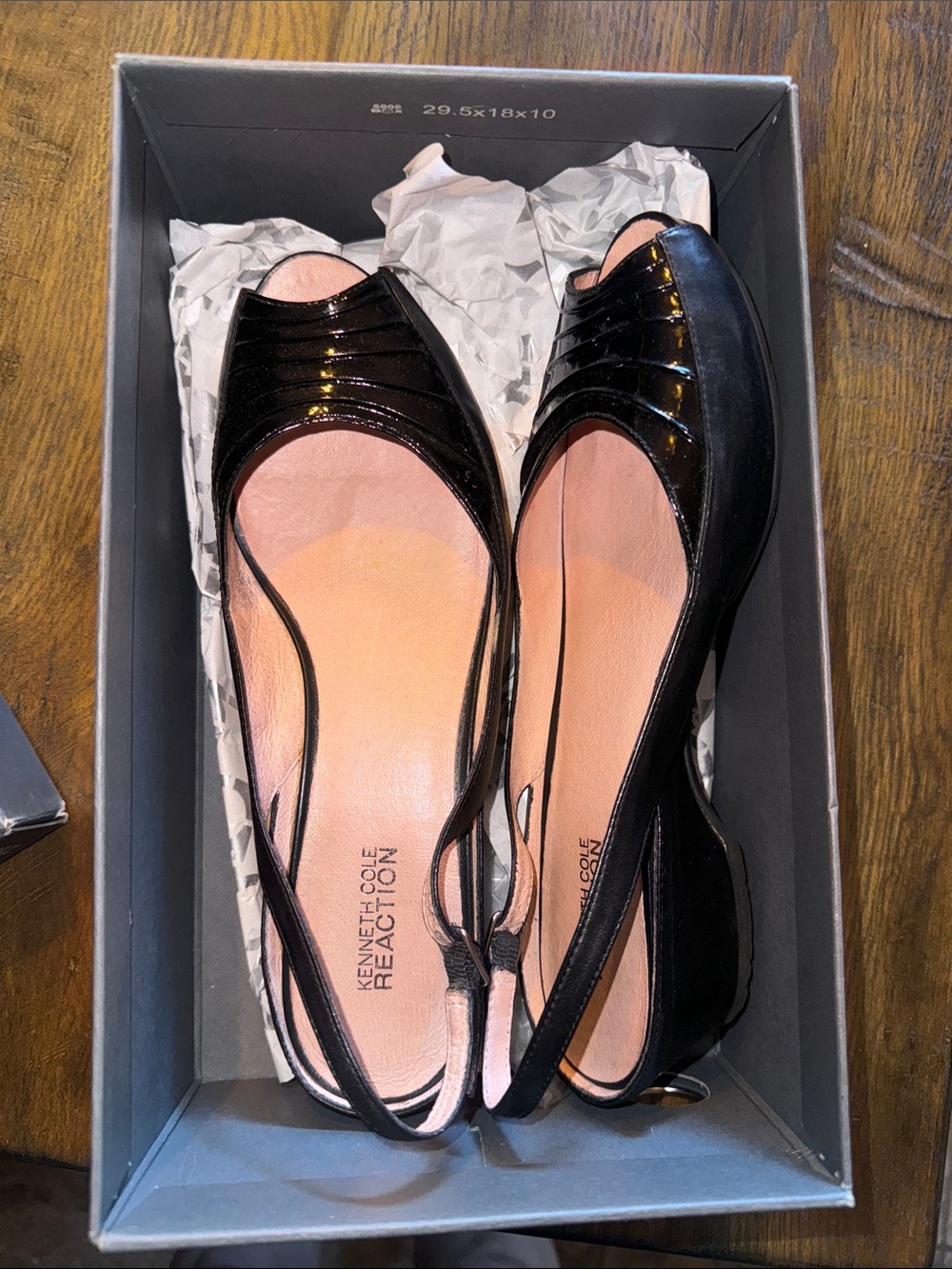 Kenneth Cole Reaction Black Patent Peep-Toe Slingback Flats with Pink Insole